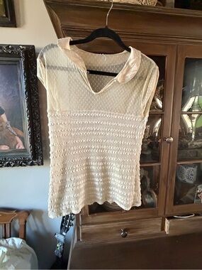 Free People Cream Textured Knit Top with Peter Pan Collar
